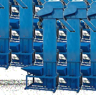 Row of blue industrial bucket elevators